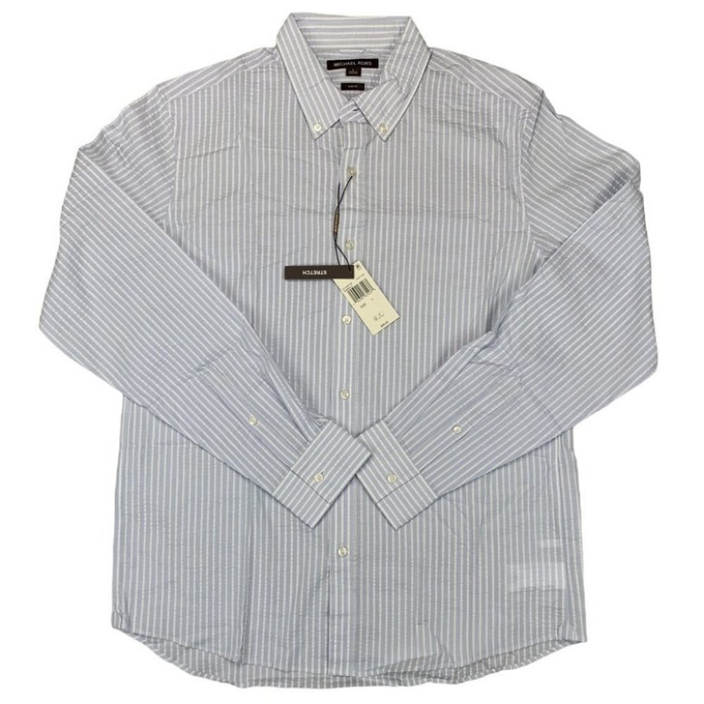 Michael Kors Mens Slim-Fit Stretch Stripe Seersucker Shirt Dusty Sky Size L